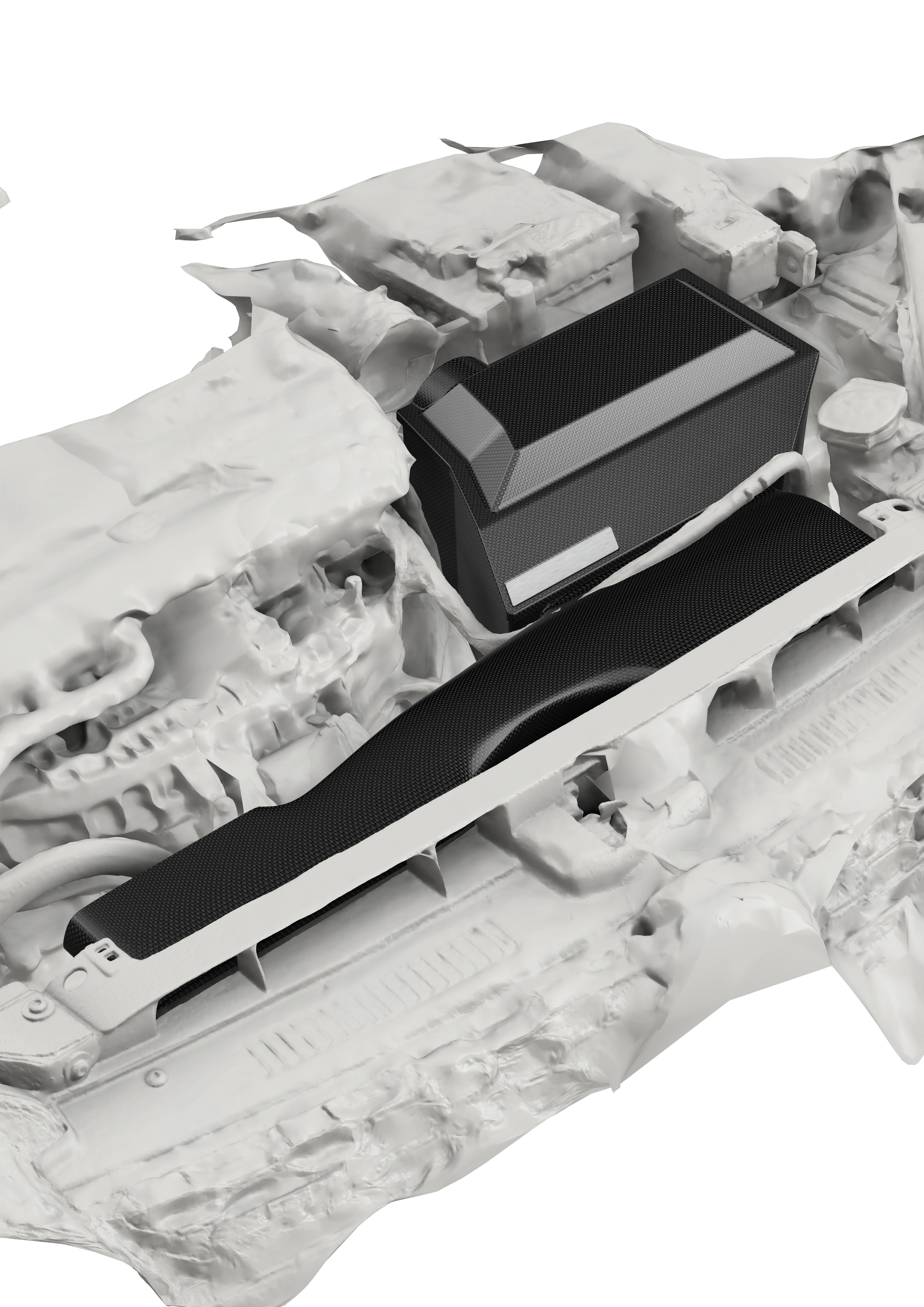 CAD rendering of a custom carbon fibre cold-air intake system in a Golf GTI engine bay
